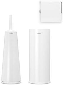 Brabantia 3 Piece Toilet Accessory Set, Toilet Brush & Holder, Toilet Roll Holder & Toilet Roll Dispenser (Drill/No Drill Wall Mounting), White