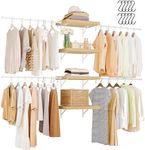 DWVO Closet Organizer System, Wall-Mounted Garment Rack Walk In Closet System, 4 Expandable Hanger Rods 4-Tier Wood Closet Storage Shelves with Backplane, Fits 6-9 ft Space, White