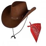 Adult Texan Cowboy Hat Dark Brown & Red Bandana/Neckerchief Fancy Dress Party Accessory Wild Western Sheriff Country Western Rancher