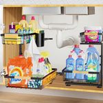 homicozy Under Sink Storage, 2 Pack Metal Under Sink Cabinet Organiser with 8 Hooks & 2 Cups, Height Adjustable Kitchen Storage & Organisation, Pull Out Under Sink Shelf for Cupboard Bathroom(Black)