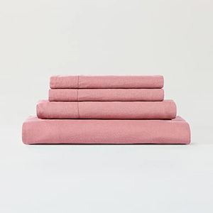 Sijo Stone Washed 100% Organic French Linen Bed Sheet Set, GOTS Certified Organic, Best Cooling Linen Sheet Award by Sleep Foundation 4pc Set - 2 Pillowcases, 1 Fitted and 1 Flat (Pink Clay, Cal King)