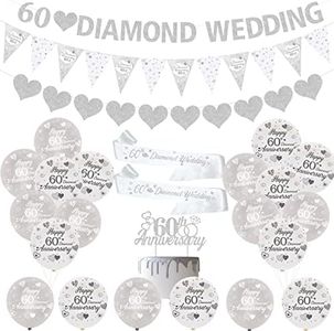Decorazioni per 60° Anniversario Matrimonio Argento con Diamanti per 60° Anniversario, Bandierina a Forma di Cuore per Torta in Raso per 60° Coppia, Accessori per Feste di Anniversario