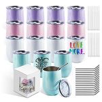 BetterSub 16 Pack 12oz Sublimation Glitter Wine Tumblers Double Wall Insulated Sublimation Blanks Tumblers, Stainless Steel Sublimation Cups with Lid, Metal Straw, Brush, Display Box