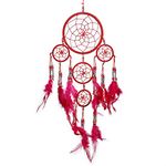 Pink Pineapple Handmade Bohemian Dream Catcher Ethical Hanging Dreamcatcher Wall Art with Feathers and Silver Beads Traditional Crochet Design - 12cm Wide, 35cm Long (Red)