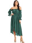 Anna-Kaci Womens Casual Boho Long Sleeve Off Shoulder Renaissance Peasant Dress, Green, Medium