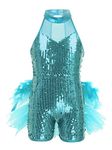 Freebily Kids Sequins Hip-Hop Latin Jazz Dance Stage Performance Ballet Leotard Gymnastics Outfits for Girls Light Blue 11-12