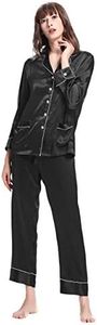 LilySilk Women's Long Silk Pajamas Set V Neck Notched Collar with White Trimmed (Black, M/12)