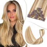 TESS Clip in Hair Extensions Real Human Hair Highlighted Remy Seamless 8 Pieces Straight for Women/Girls (#12P613 Golden Brown & Bleach Blonde, 20 Inch 70g)