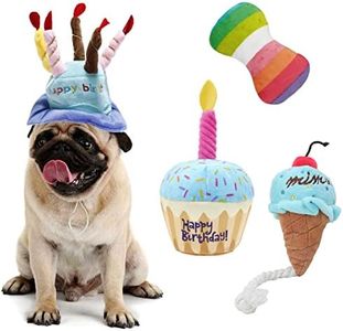 TEKCAM Juguete Chirriante para Tarta De Cumpleaños De Perro con Gorro De Cumpleaños Juguetes Masticables para Cachorros Rainbow Bone Juguetes De Peluche De Helado con Cuerda