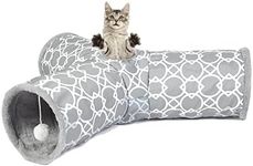 LUCKITTY Geometric Cat Tunnel with Plush Inside,Cats Toys Collapsible Tunnel Tube with Balls, for Rabbits, Kittens, Ferrets,Puppy and Dogs (Grey-White-3 Way)