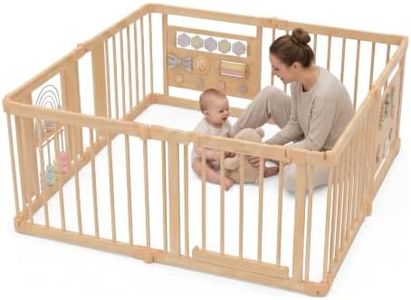 Avenlur Wooden Baby Playpen with Montessori Sensory Activity Panels – 63" x 63" Foldable Indoor Play Yard for Babies & Toddlers, Natural Wood