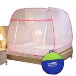 Classic Mosquito Net for Double Bed Supreme King Size Bed,Foldable Machardani with 3 Side Zipper Opening Doors & Mobile Pocket,Strong 30GSM Polyester Net, PVC Coated Steel Wire -Pink