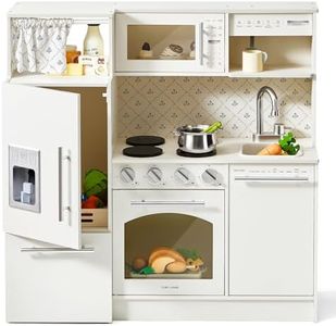 Tiny Land Wooden Play Kitchen Set for Kids, Realistic Pretend Toy with Oven, Microwave, Refrigerator, Dishwasher & Coffee Maker, Toddler Kitchen Toy with Floral Design for Boys & Girls