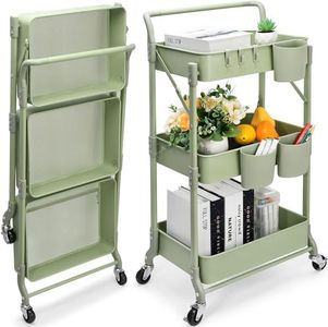 Foldable 3 Tier Rolling Cart, Metal Utility Cart, Folding Mobile Multi-Function Storage Trolley Organizer Cart for Home Library Office(Green)