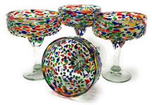 Mexican Hand Blown Glass – Set of 4 Hand Blown Margarita Glasses Confetti Rock (16 oz)