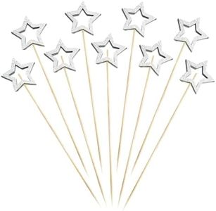 JIHUOO 50 Pcs Christmas Cocktail Picks Wooden Star Food Picks Wood Decorative Toothpicks Fruit Drinks Skewer Sticks Party Supplies for Wedding Baby Shower Silver