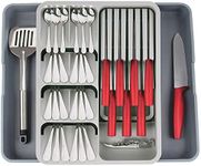 FOREVERIE Extra Large Two-way Expandable Cutlery Tray Organiser with Knife Holder, Adjustable Kitchen Utensils Silverware Drawer Organiser for Knives, Spoons and Forks, Grey