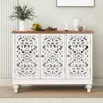 MFSTUDIO Accent Wood Storage Cabinet, Large Farmhouse Hollow-Carved Buffet Sideboard with 3 Doors Decorative Storage Cabinets for Living Room Kitchen Entryway Hallway, White