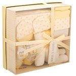 Newborn 7 Piece Luxury Boxed Gift Set, each box contains 1 x Teddy, 1 x Hat, 1 x Pair of Mittens, 2 x Wash Cloths, 1 x Pair of Socks and 1 x Burp Cloth Lemon set