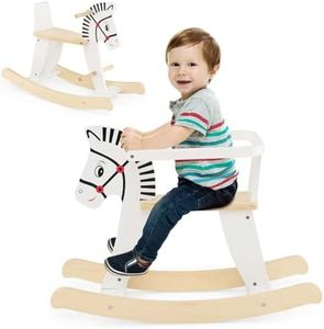 HONEY JOY Wooden Rocking Horse, Baby Ride On Toy w/Detachable Fences, 11-22 Degrees Gentle Rocking Motion, Comfy Seat & Backrest, Cute Patterns, Indoor Animal Rocker for Kids Over 3 Years Old, White