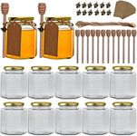 Woaiwo-q Clear Hexagon Glass Jars, 12 oz 12 Pack Hexagon Glass Honey Jars with Golden Lids,Wooden Honey Sticks,Bronzy Bee Pendants,Big Tags,15m Jute Twine, Glass Jars for Honey,Foods.