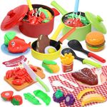 CUTE STONE Kids Play Kitchen Accessories Toy, Colorful Pots and Pans Playset W/ Cooking Utensils, 32PCS Pretend Cutting Play Food Set, Educational Learning Cookware Gift for Boys Girls