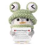 lasuroa Funny Positive Penguin, 3.5 Inch Mini Cute Knitted Penguin Toy with Frog Hat Encouraging Card Penguin Doll Positive Crochet Plush Cheering Gift for Birthday Party Decoration