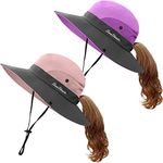 IYEBRAO 2 Pieces Kids Girls Sun Hat with Ponytail Hole Summer Wide Brim UV Protection Bucket Cap for Beach ＆ Fishing (Purple＆Pink)