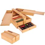 VISWIN Multi-Function Artist Storage Box, Portable Solid Beech Wooden Tool Box with Drawer, Three Layers Art Supplies Storage Box for Paint Brush, Pen, Pastel, Paining Supplies, 13 1/2"x9 1/2"x5"