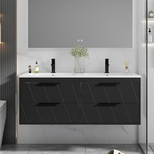 eclife 48" Bathroom Vanities Cabinet with Sink Combo, Wall Mounted Floating Cabinet W/Decor Line, Soft-Close System, 4 Extra Big Drawers, Matte Black Faucet, Black