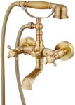 Wall Bathtub Faucet Set with HandHeld Shower Spray Antique brass Double Cross Handle 2 Functions Wall Mount 360 Swivel Mixer Tub Filler Spout Vintage Bathroom