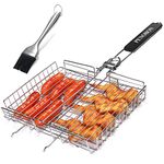 penobon Fish Grilling Basket, Folding Portable Stainless Steel BBQ Grill Basket for Fish Vegetables Shrimp with Removable Handle, Come with Basting Brush and Storage Bag