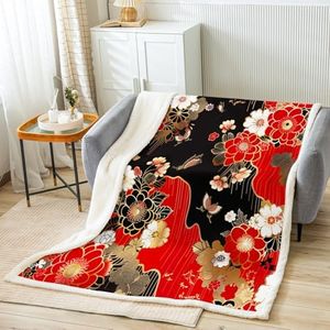 Floral Flowers Japanese Plush Chic Japanese-Style Fleece for Sofa Couch Teens Luxury Butterflies Sherpa Blanket Throw Blanket Exotic Red Cherry Blossoms Decor Fuzzy Twin 60"x80"