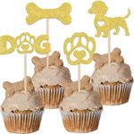 ZHUOWEISM 24 PCS Pet Dog Theme Cupcake Toppers Glitter Bone Puppy Dog Paw Cupcake Picks Decorations for Puppy Dog Theme Baby Shower Birthday Party Supplies Gold