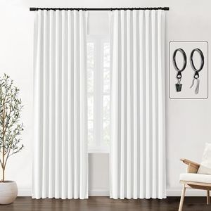 SHINELAND White Blackout Curtains Pleated with Hooks Rings Black Out 84 Inch Length Long 2 Panels Set Living Room Bedroom Thermal Curtains