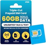H2O Wireless 120-Day USA Physical Prepaid SIM Card with 60GB High-Speed 4G LTE/5G Data & 5GB Mobile Hotspot, Unlimited Data, Talk & Text to 70+ Countries, Triple-Cut US SIM Card for Cell Phones