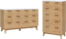 AMERLIFE 2 Piece Bedroom Set, Including Fluted 6 Drawers Dresser with Faux Marble Top, 48" Tall Modern 5 Chest of Drawers for Bedroom, Living Room, Hallway, Entryway, Natural Oak