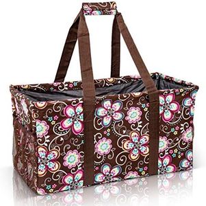 Lucazzi Extra Large Utility Tote Bag - Oversized Collapsible Reusable Wire Frame Rectangular Canvas Basket With Two Exterior Pockets For Beach, Pool, Laundry, Car Trunk, Storage - Brown Daisy