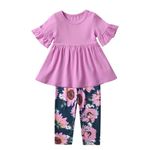 Toddler Infant Baby Girls Clothes Outfit Little Kids Solid Color Short Sleeve Tops T-Shirt Floral Pants 2Pcs Clothing Set 2-3T Purple