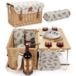 WILLOW WEAVE Picnic Basket with Table, Wine Picnic Basket Set 4, Wicker Picnic Basket for 4, Willow Hamper Service Gift Set with Blanket & Portable Wine Snack Table for Camping and Outdoor Party