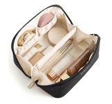 BAGSMART Travel Makeup Bag, Flat Lay Make Up Case, PU Leather Waterpoof Cosmetic Organiser with Clear Pocket for Brushes, Small Toiletry Bag with Handle, Essential for Women, Black