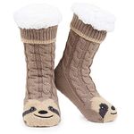 CityComfort Fluffy Socks for Women Teenagers Sherpa Lined Animal Slipper Socks with Non Slip Grip Pads One Size - Gifts for Women (Brown Sloth)