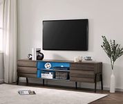 FITUEYES LED Mid-Century Modern TV Stand for 80 inch Flat Screen Wood TV Console Media Cabinet for 75 inch TV with 6 Storage, Home Entertainment Center for Living Room Bedroom, 70 inch Brown