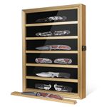 Knife Display Case,6 Rows Pocket Knife Display Case with HD Toughened Glass,Military Folding Knife Shadow Box Wall Cabinet - Knife Cases for Collections with Removable 2 Grooves Shelves, Gold