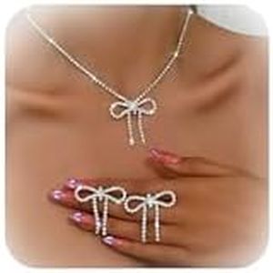 LANWLOSI Silver Bow Necklace and Earrings Set for Women Rhinestone Bow Pendant Necklace Crystal Bowknot Choker Necklace Sparkly Bow Earrings Bowknot Bow Tie Earrings Trendy Jewelry Gifts, Zinc, No