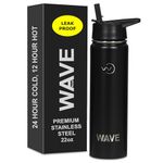 Leak Proof Water Bottle with Straw 22oz | Insulated Double Walled Stainless Steel Metal Thermos Bottles for Men, Women & Kids | Reusable Sports BPA Free Flask for Gym Sports | Wave Retail | Black