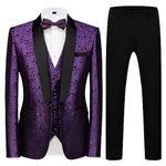 Mens Tuxedo Suits Slim Fit 3 Piece Formal Skinny Tuxedo Suit Set Shawl Lapel Paisley Suits Men for Wedding Prom, Purple, Medium