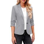 loobun Women’s Ruched Solid 3/4 Sleeve Blazers Fully Lined Blazer Plain Collared Casual Ladies Jacket Lightweight Top Front Pockets Business Casual Outfits Work Office Elegant Gray