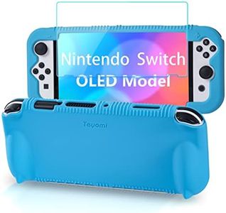 Teyomi Silicone Case for Nintendo Switch OLED with 2 Game Cards Slots, [Kids Friendly] Shockproof Protective Cover with Tempered Glass Screen Protector, Ergonomic Grip Case for Switch OLED, Blue