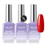 Gellen Gel Nail Polish Top and Base Coat - Gel Top Base Coat & Matte Top Coat Set 3pcs Soak off Gel Polish Base and Top Coat, Strong Base Coat Glossy Shiny Top Coat Matte Effect Gel Polish Kit 18ml